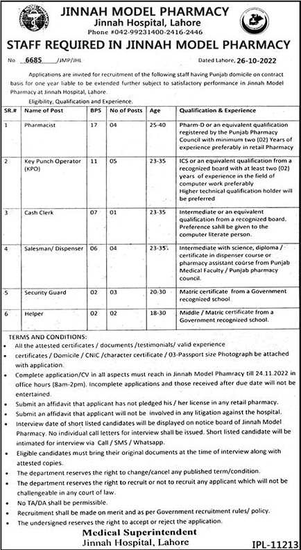 Jinnah Hospital Lahore Jobs November 2022 Key Punch Operators & Others ...